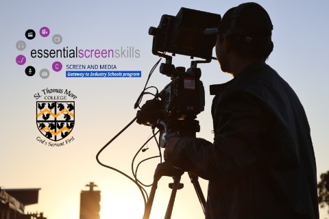 silhouetted camera operator filming with professional equipment at sunset, representing media production and real world screen and media learning