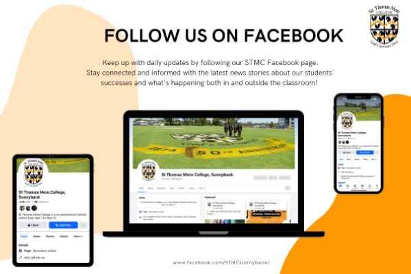 promotional graphic encouraging families to follow the college on Facebook, highlighting communication, updates and community connection