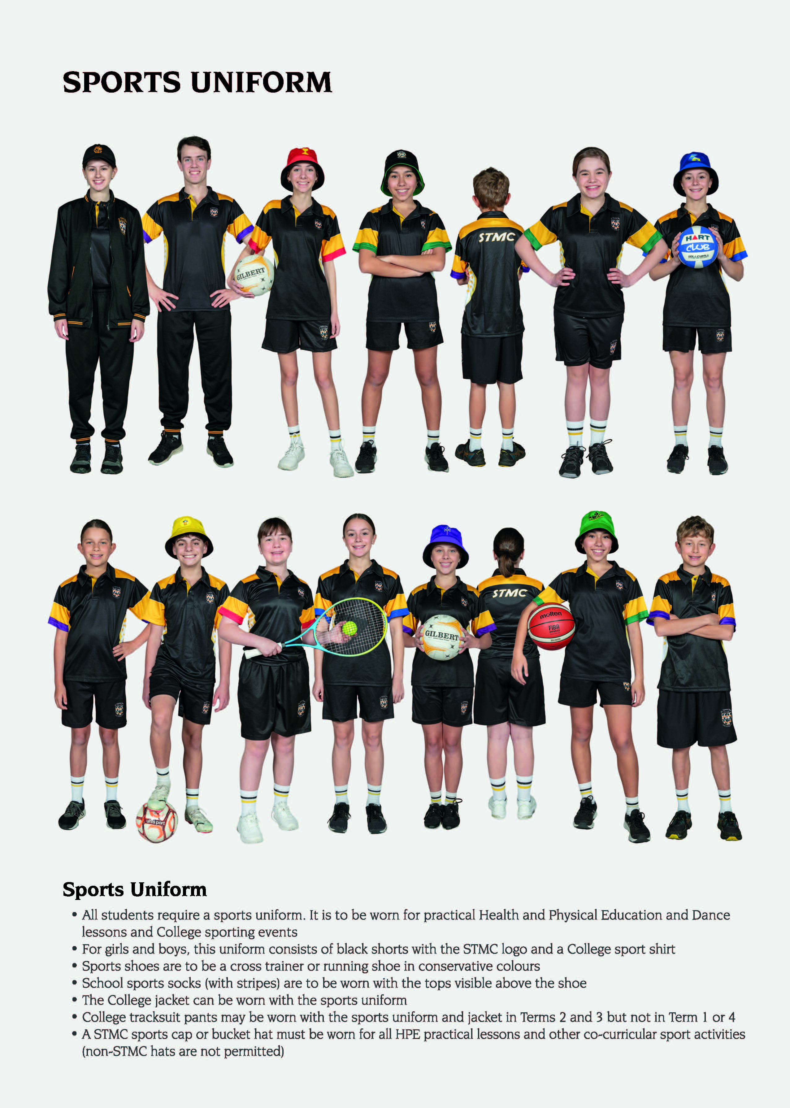 collage showing sports uniform options for students, highlighting activewear for physical education and sporting activities