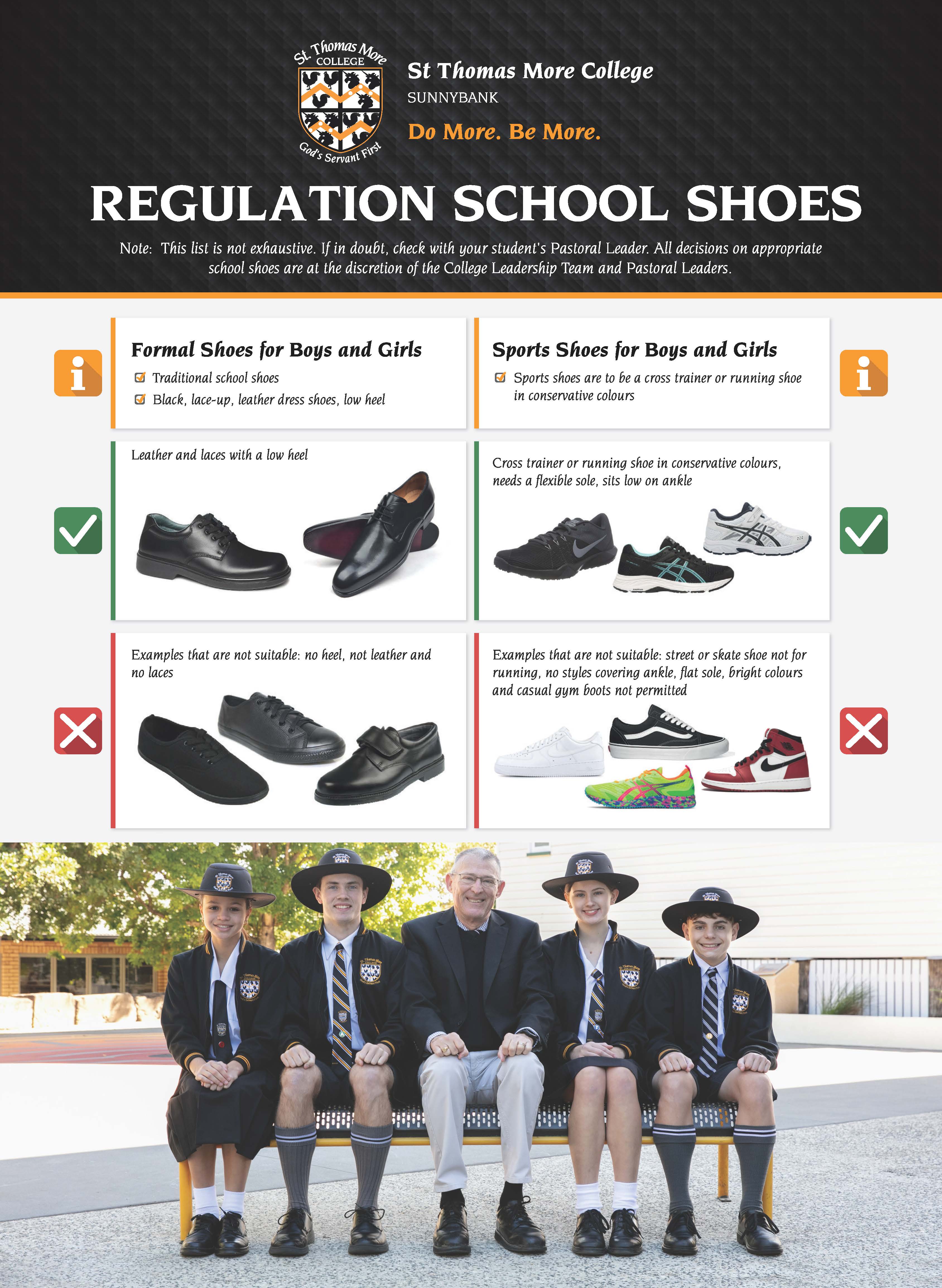 infographic explaining regulation school shoes with examples of approved and non approved styles, promoting correct uniform footwear choices