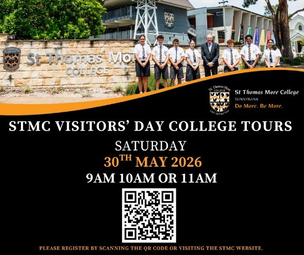 poster promoting St Thomas More College visitors’ day with college tour times and registration via QR code, highlighting enrolment information and community engagement